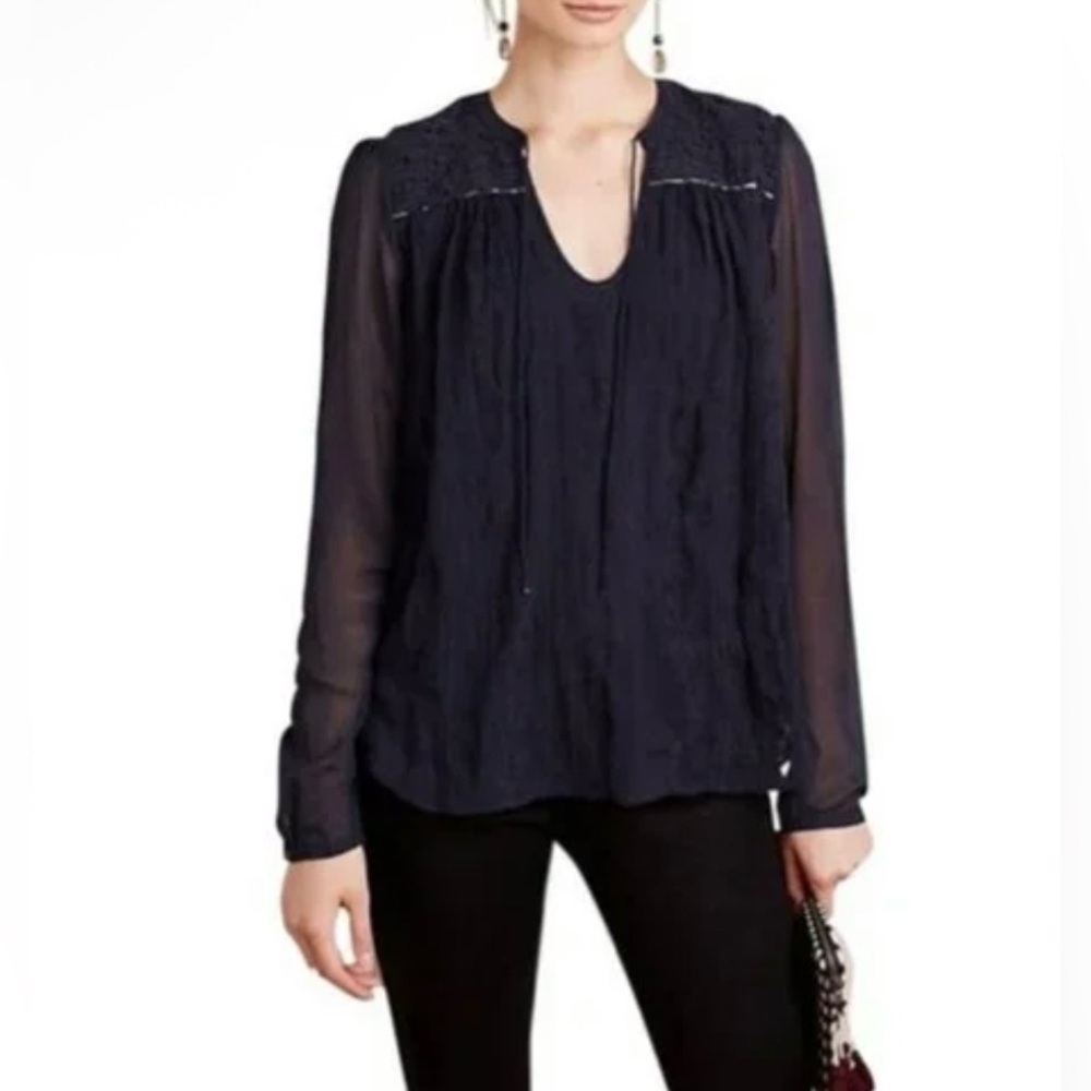 Tiny by Anthropologie Navy Split Neck Embroidered Blouse - Size L
